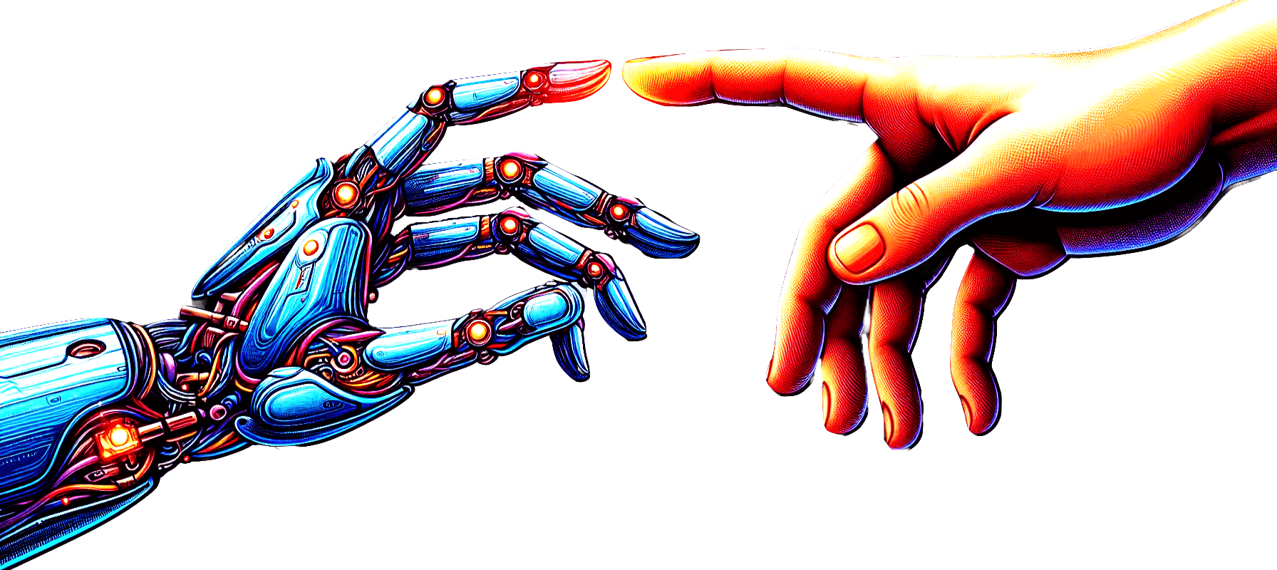 Robot hand touches human hand, AI generated image