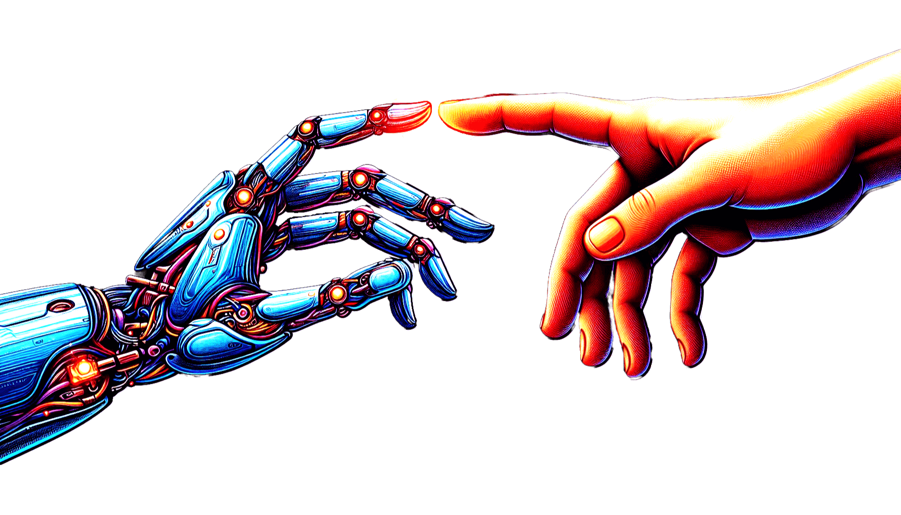 Robot hand touches human hand, AI generated image